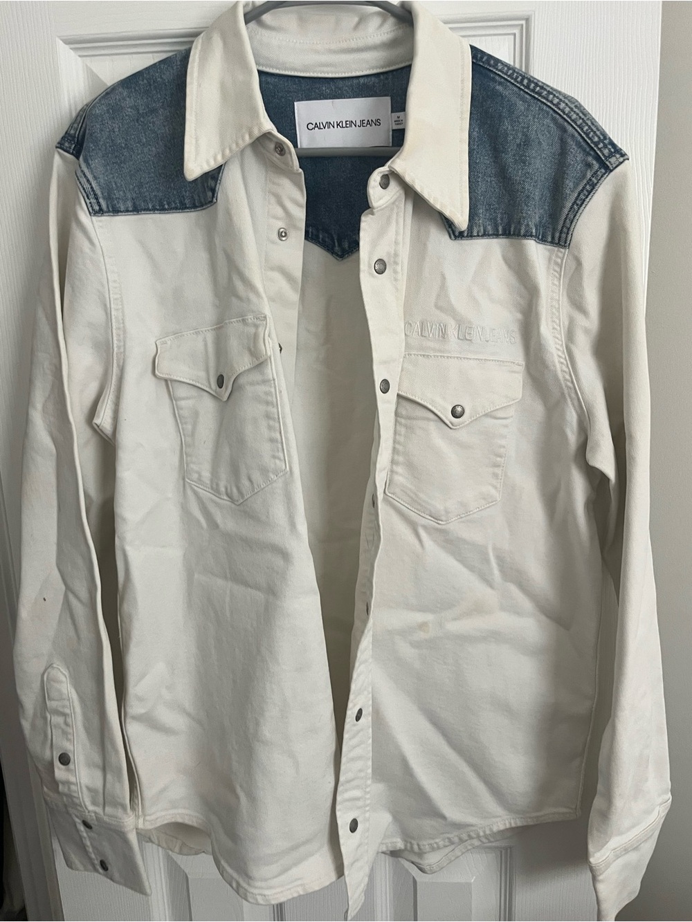 Calvin Klein Jeans Two-Tone Denim Yoke Shirt Jacket - Cream & Blue